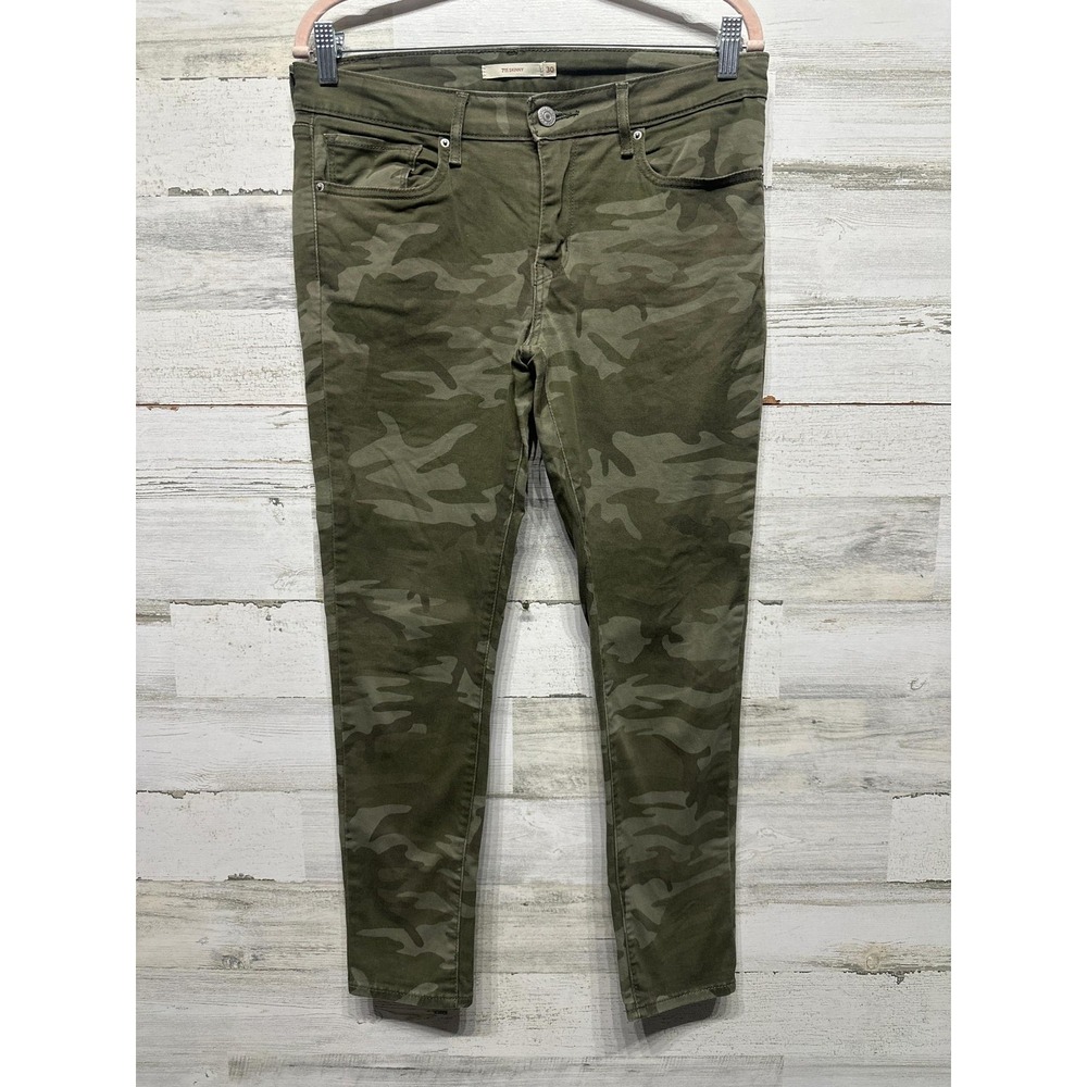 Levi's 711 Skinny Jeans Women 30 Green Camo Mid Rise Stretch Denim EUC